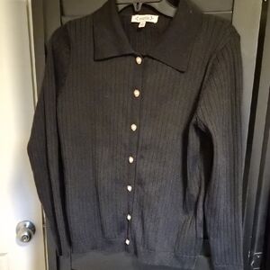 Nanette Lepore Black Ribbed Button-Front Cardigan with Pearl Buttons